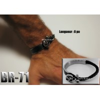 Br-071, Bracelet tête de mort acier inoxidable et cuir